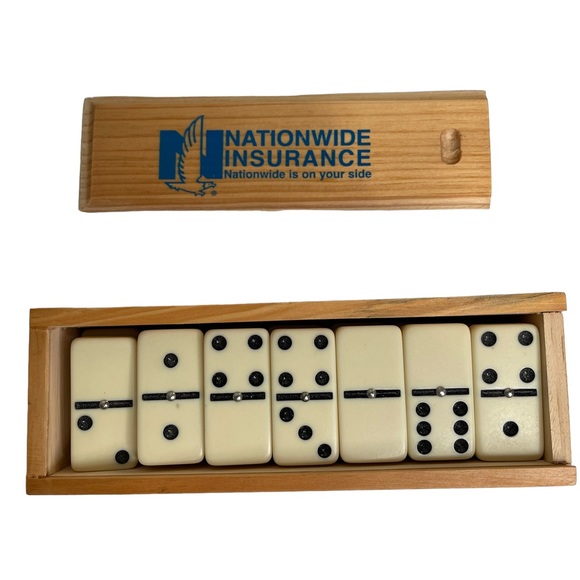 Dominoes Set of 28 Cream & Black Tiles Wood Storage Box Branded Nationwide Ins - Picture 1 of 9